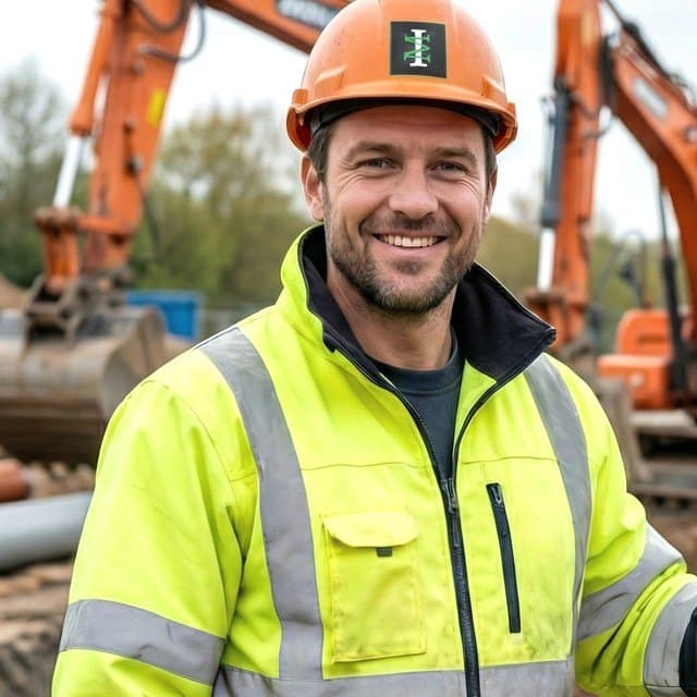 Bauleiter mit Helm und Warnjacke auf einer Baustelle